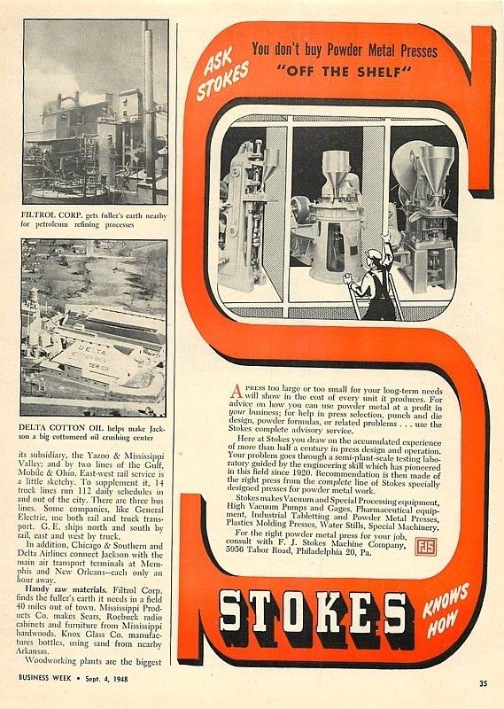 1948 Stokes   Powder Metal Presses   Print Ad  