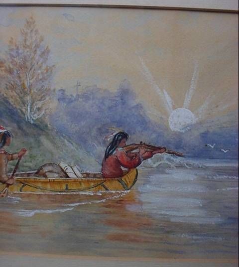 Vintage Watercolor Painting Native Indian Braves Hunting Canoe  
