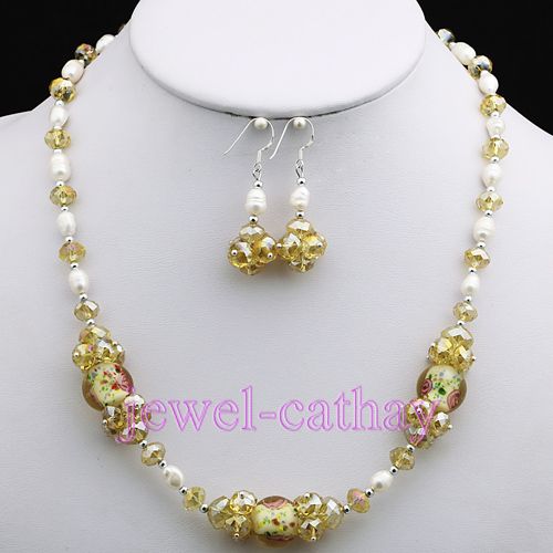 Lovely Yellow Crystal Beads & Pearls & Glass Necklace Bracelet Earring 