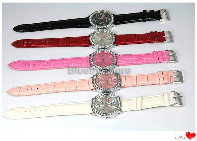 Fashion Black Crystals Stone HelloKitty Quartz Wrist Watch Woman Girls 