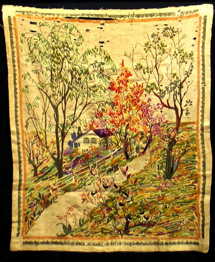 ANTIQUE LINEN EMBROIDERY NEEDLE WORK TAPESTRY HANGING  