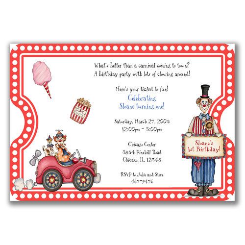 Carnival Ticket Invitations Birthday Party Clown Circus  