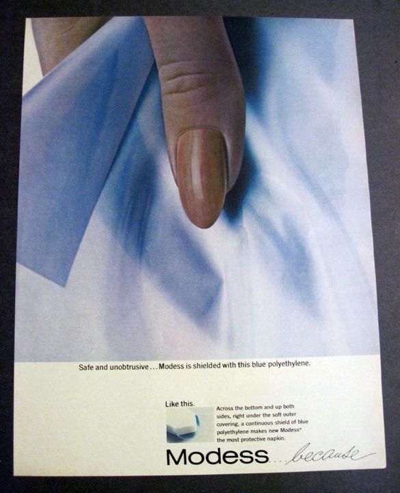1965 Vintage MODESS Feminine Napkins Pads Blue 60s Ad  