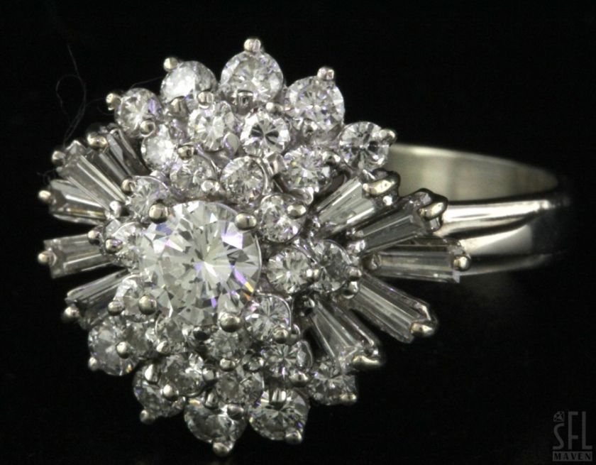 VINTAGE 14K WHITE GOLD EXQUISITE 1.86CT DIAMOND CLUSTER COCKTAIL RING 