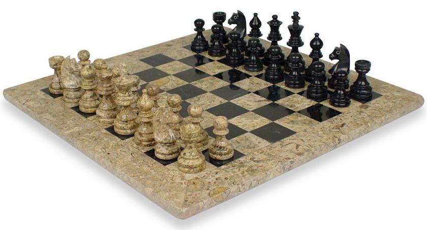Staunton Marble Chess Set Black & Coral Stone   16  
